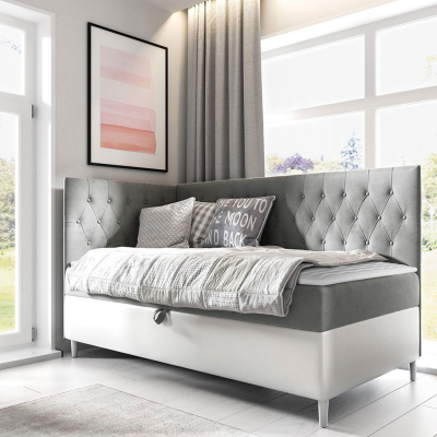 Boxspringová jednolůžková postel 80x200 PORFIRO 3 - bílá ekokůže / šedá, levé provedení + topper ZDARMA