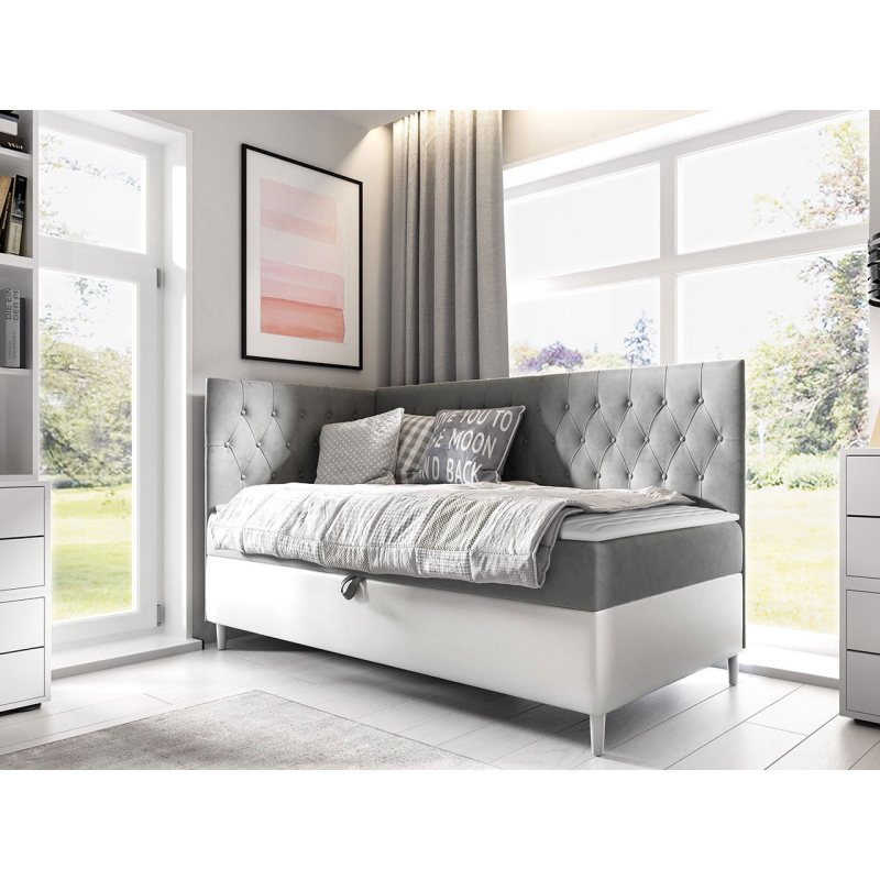 Boxspringová jednolůžková postel 80x200 PORFIRO 3 - bílá ekokůže / šedá, levé provedení + topper ZDARMA