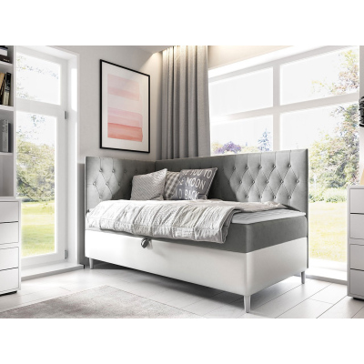 Boxspringová jednolůžková postel 80x200 PORFIRO 3 - bílá ekokůže / šedá, levé provedení + topper ZDARMA