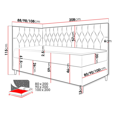 Boxspringová jednolůžková postel 90x200 PORFIRO 3 - bílá ekokůže / červená, levé provedení + topper ZDARMA