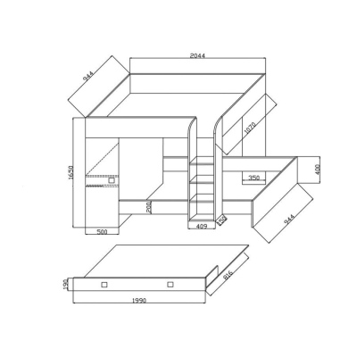 Dětská patrová postel s úložným prostorem Lena - bílá - černé úchyty