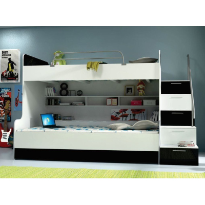 Dětská patrová postel RENI 2 - 90x200, bílá / černá