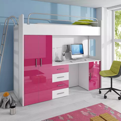 Postel s psacím stolem do dětského pokoje RENI 4 - 80x200, bílá / růžová