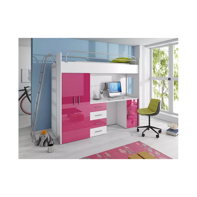 Postel s psacím stolem do dětského pokoje RENI 4 - 80x200, bílá / růžová
