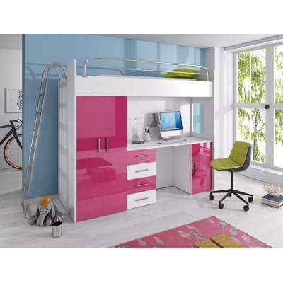 Postel s psacím stolem do dětského pokoje RENI 4 - 80x200, bílá / růžová