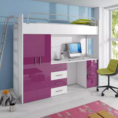 Postel s psacím stolem do dětského pokoje RENI 4 - 80x200, bílá / fialová