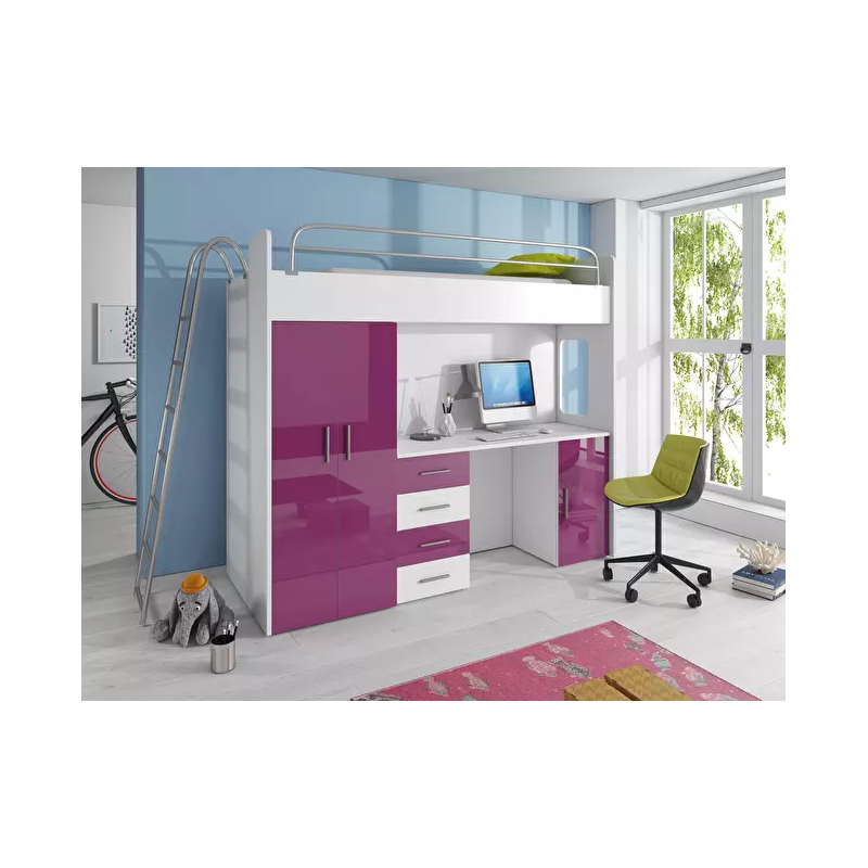 Postel s psacím stolem do dětského pokoje RENI 4 - 80x200, bílá / fialová