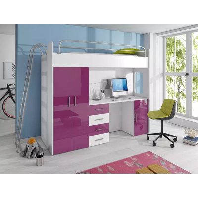 Postel s psacím stolem do dětského pokoje RENI 4 - 80x200, bílá / fialová
