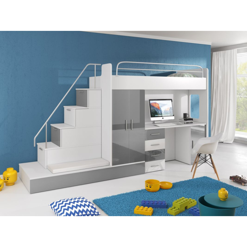 Dětská postel s psacím stolem RENI 5 - 80x200, bílá / šedá