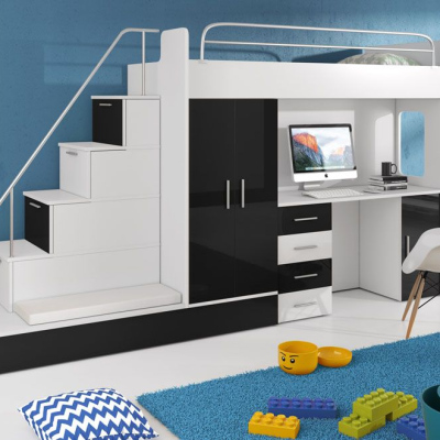 Dětská postel s psacím stolem RENI 5 - 80x200, bílá / černá