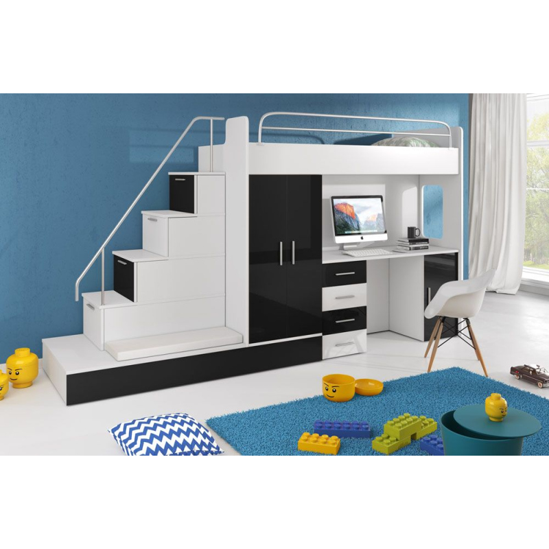 Dětská postel s psacím stolem RENI 5 - 80x200, bílá / černá