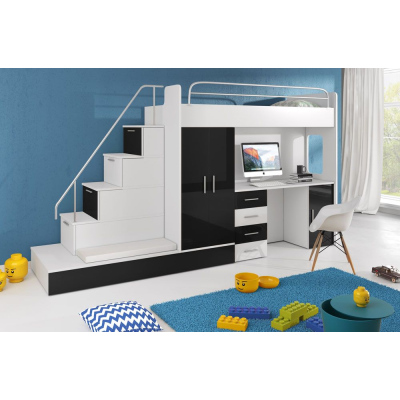 Dětská postel s psacím stolem RENI 5 - 80x200, bílá / černá