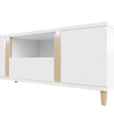 Televizní stolek s LED osvětlením BANTRY - bílý / lesklý bílý / přírodní dýha