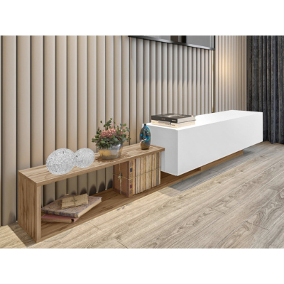 Závěsný TV stolek TRELLA - dub wotan / bílý