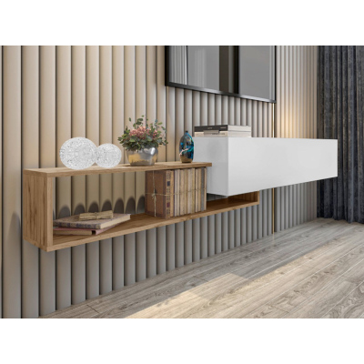 Závěsný TV stolek TRELLA - dub wotan / bílý