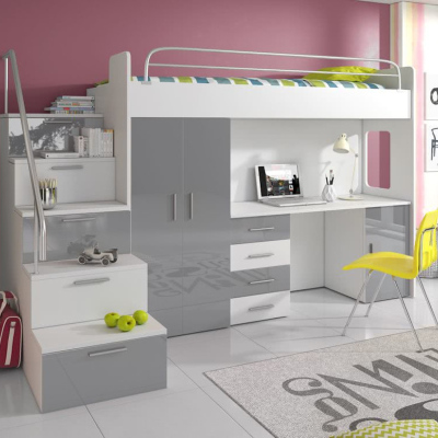 Dětská patrová postel s psacím stolem RENI 4 - 80x200, bílá / šedá