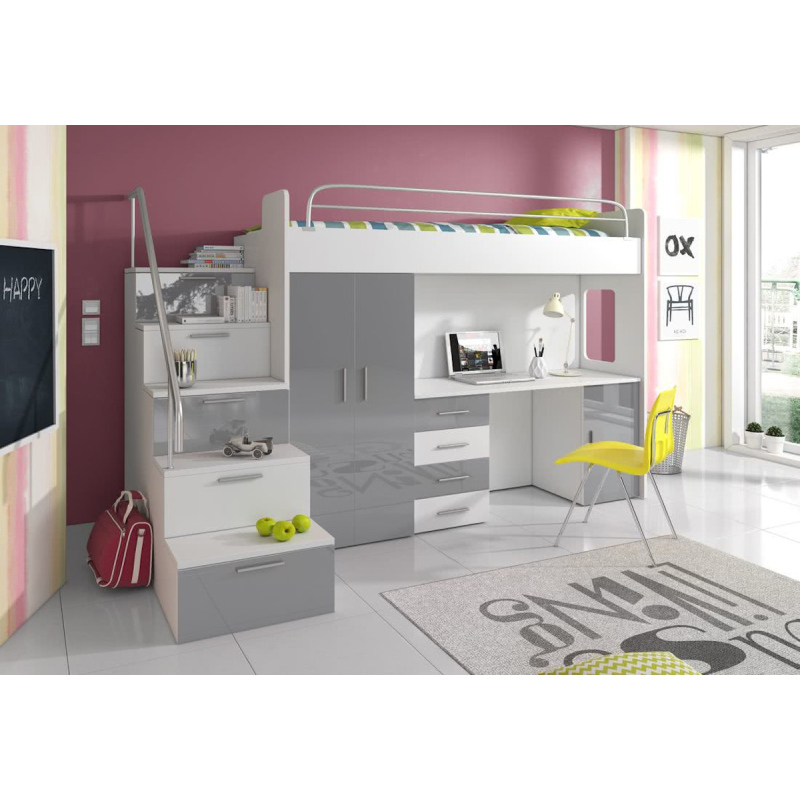 Dětská patrová postel s psacím stolem RENI 4 - 80x200, bílá / šedá