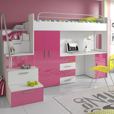 Dětská patrová postel s psacím stolem RENI 4 - 80x200, bílá / růžová