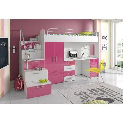 Dětská patrová postel s psacím stolem RENI 4 - 80x200, bílá / růžová