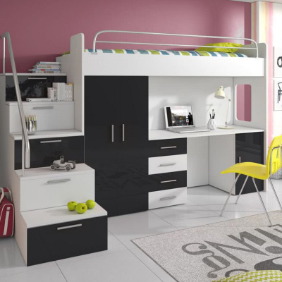 Dětská patrová postel s psacím stolem RENI 4 - 80x200, bílá / černá