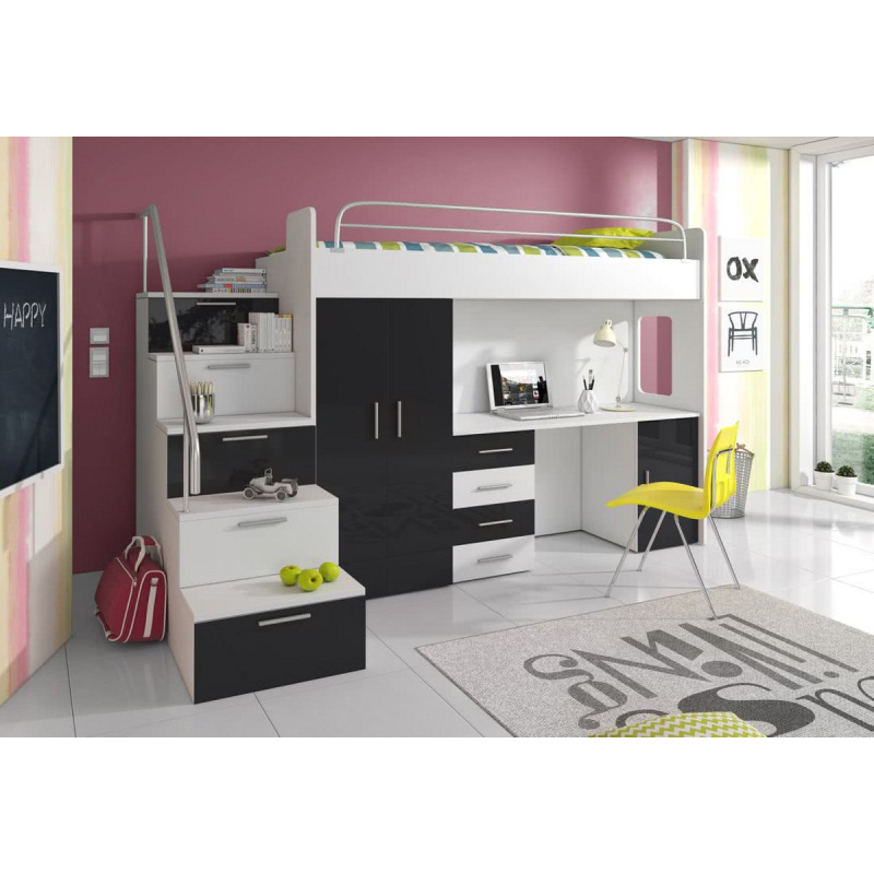 Dětská patrová postel s psacím stolem RENI 4 - 80x200, bílá / černá