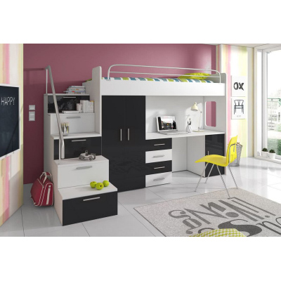 Dětská patrová postel s psacím stolem RENI 4 - 80x200, bílá / černá