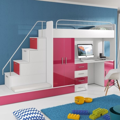 Dětská postel s psacím stolem RENI 5 - 80x200, bílá / růžová