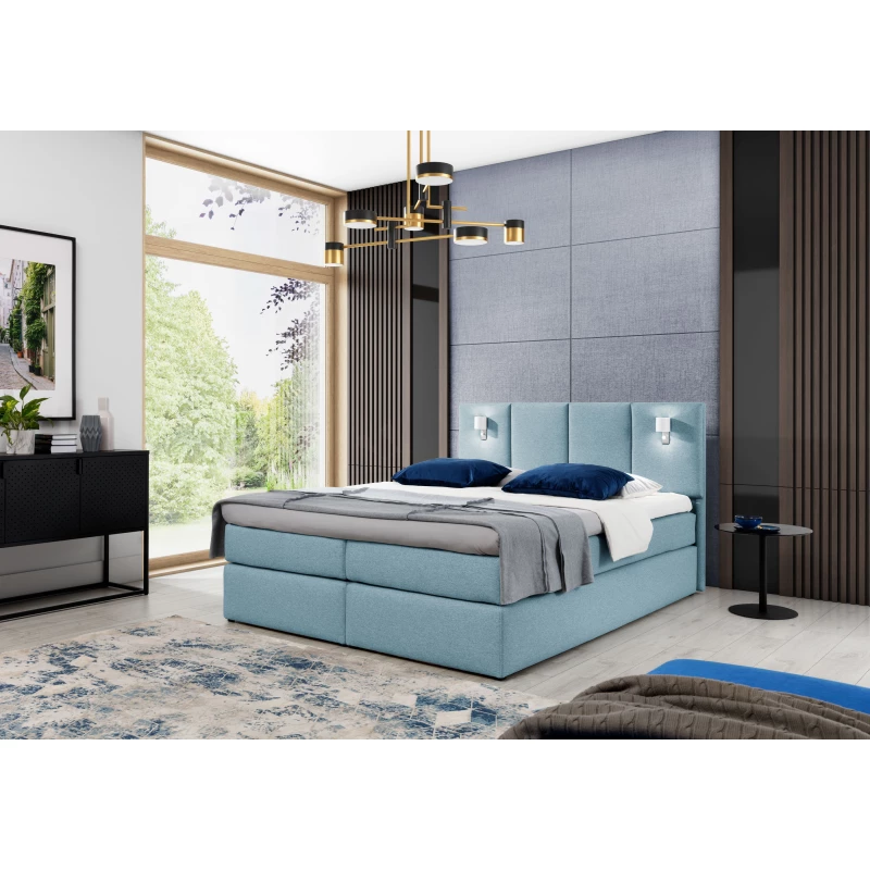 Boxspringová postel s lampami DANUTA - 160x200, světle modrá + topper ZDARMA