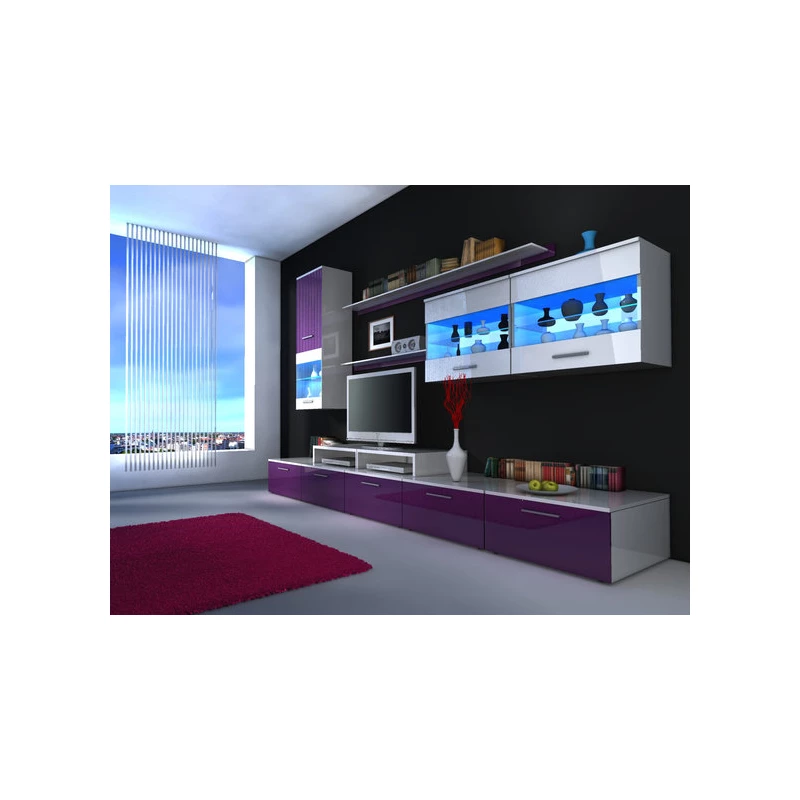 Stěna do obývacího pokoje BENITO 1 - bílá / fialový lesk
