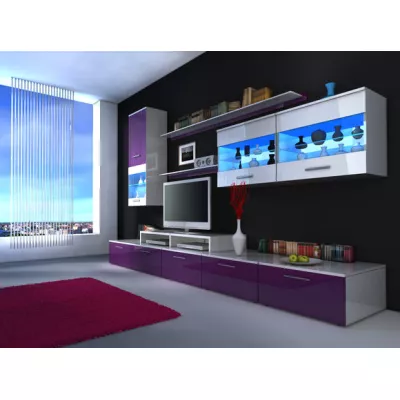 Stěna do obývacího pokoje BENITO 1 - bílá / fialový lesk
