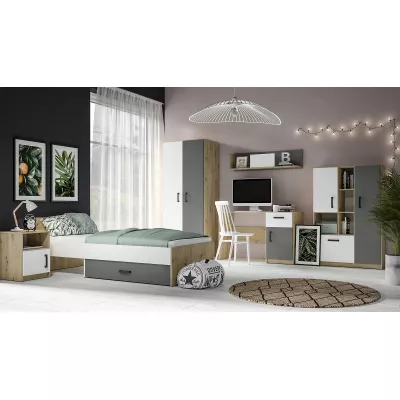 Jednolůžková postel KARIS 90x200 - bílá / antracit / dub artisan