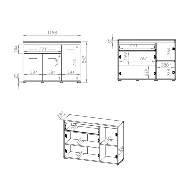 Třídveřová komoda se šuplíkem GVENDA - světlý dub sonoma