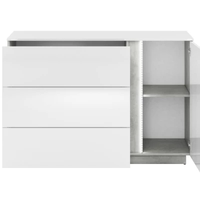 Kombinovaná komoda FIDES - lesklá bílá / stříbrný beton