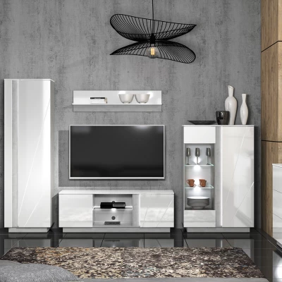 TV stolek FIDES - lesklý bílý / stříbrný beton
