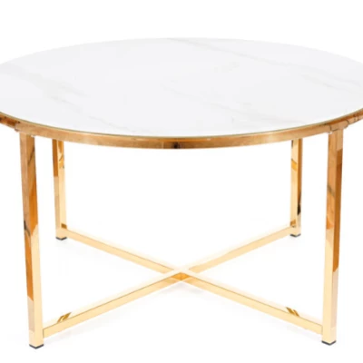 Kulatý konferenční stolek KACPER - bílý mramor / zlatý