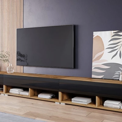 Televizní stolek 300 cm s LED osvětlením WILLA A - dub wotan / lesklý černý