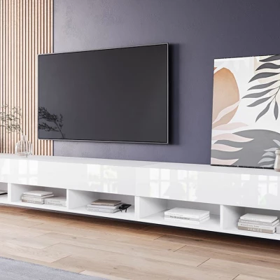 Televizní stolek 300 cm s LED osvětlením WILLA A - bílý / lesklý bílý
