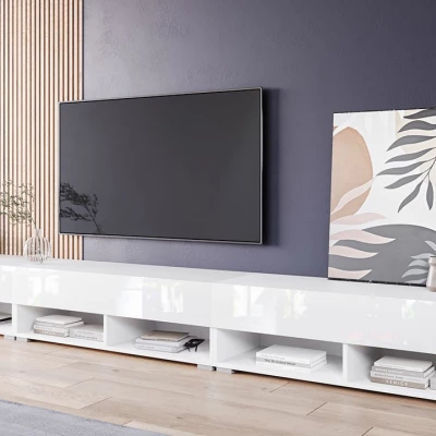 Televizní stolek 300 cm s LED osvětlením WILLA A - bílý / lesklý bílý