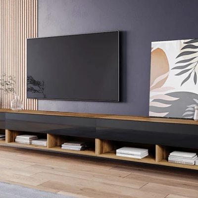 Televizní stolek 300 cm WILLA A - dub wotan / lesklý černý