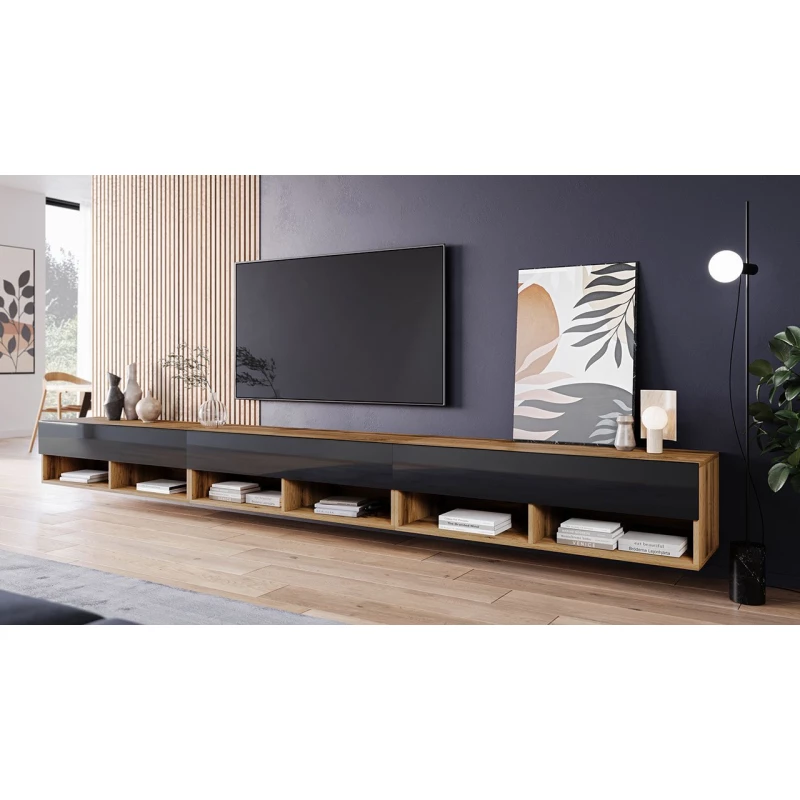 Televizní stolek 300 cm WILLA A - dub wotan / lesklý černý