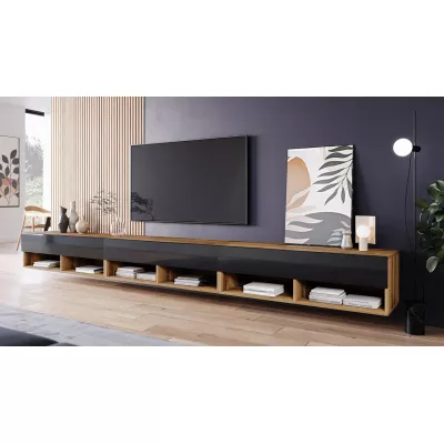 Televizní stolek 300 cm WILLA A - dub wotan / lesklý černý