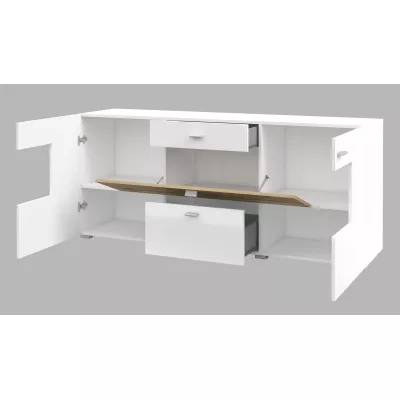 Široká kombinovaná komoda NIKOL - bílá / lesklá bílá / dub wotan