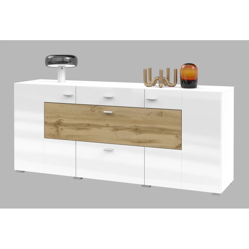 Široká kombinovaná komoda NIKOL - bílá / lesklá bílá / dub wotan