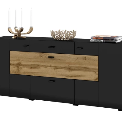 Široká kombinovaná komoda NIKOL - černý onyx / dub wotan