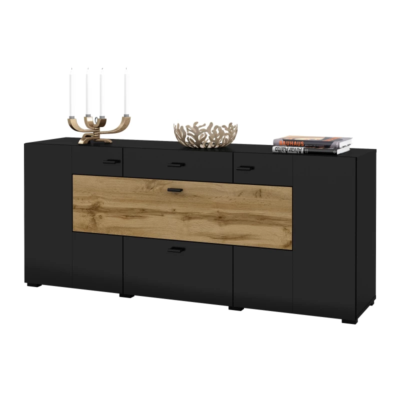 Široká kombinovaná komoda NIKOL - černý onyx / dub wotan