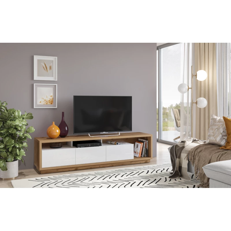 Televizní stolek SYLWIA - dub wotan / lesklý bílý