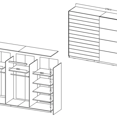 Šatní skříň s posuvnými dveřmi SARA - 270 cm, bílá / dub beaufort