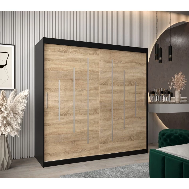 Šatní skříň ERIKA - šířka 200 cm, černá / dub sonoma