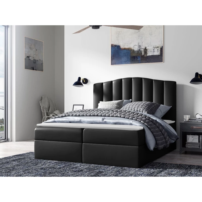 Boxspringová manželská postel 180x200 REYA - černá ekokůže + topper ZDARMA