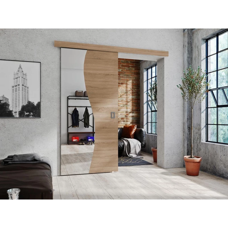 Posuvné interiérové dveře se zrcadlem MELCHOR - 90 cm, dub sonoma